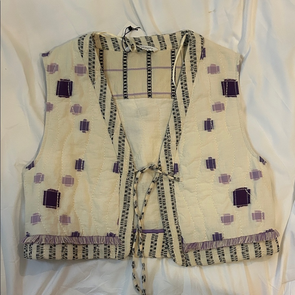 Zara Cream and Purple Quilted Tie-Front Vest